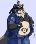  2021 anthro belly bottomwear brown_body brown_fur canid canine clothing fur humanoid_hands live-a-hero male mammal moobs navel nipples overweight overweight_anthro overweight_male pants raccoon_dog shoen simple_background solo tanuki tanukikikis video_games 