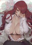  1girl areola_slip areolae belt breasts choker collarbone cutesexyrobutts hair_over_one_eye highres kirijou_mitsuru large_breasts lips long_hair persona persona_3 red_eyes red_hair see-through sitting solo 