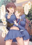  2girls bag blush breast_hold breasts brown_hair chin_grab green_eyes hands_on_another&#039;s_face long_hair midriff multiple_girls navel open_mouth original pointing pointing_at_viewer school_uniform short_hair shoulder_bag speech_bubble sweatdrop tokuno_yuika translation_request yellow_eyes yuri 