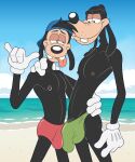  adams_apple age_difference anthro anti_dev beach black_body black_fur bulge bulge_frottage canid canine canis clothed clothing disney domestic_dog duo father father_and_child father_and_son frottage fur gloves goof_troop goofy_(disney) handwear hat headgear headwear hi_res male male/male mammal max_goof nipple_piercing nipples older_male parent parent_and_child piercing seaside sex smile son tongue tongue_out underwear young younger_male 