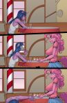  anthro anthrofied bakuhaku big_breasts breast_size_difference breasts clothed clothing detailed_background duo equid equine female friendship_is_magic furniture hi_res horn ill mammal my_little_pony pinkie_pie_(mlp) sitting table twilight_sparkle_(mlp) unicorn window 