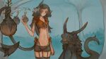  16:9 ambiguous_gender avy_(syvaron) black_body black_hair bottomwear bow broken_horn camel_toe clothed clothing demon demon_humanoid detailed_background duo female forest garter_straps glowing hair hi_res holding_object horn hotpants humanoid legless legwear long_hair looking_at_viewer mane navel open_mouth orange_eyes panties plant prehensile_tail shorts small_waist spade_tail standing syvaron thigh_highs tree underwear unknown_species widescreen 