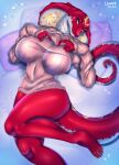 anthro big_breasts breasts claws clothed clothing cobra digital_media_(artwork) female fingers gold_markings hi_res leonifa looking_at_viewer lying markings non-mammal_breasts on_back red_body red_eyes red_scales reptile scales scalie simple_background smile snake snake_hood solo sweater topwear 