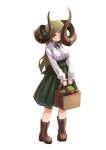  159cm 1girl apple basket blush boots brown_footwear curled_horns food fruit full_body gran-chan_(159cm) grapes green_hair green_neckwear green_ribbon green_skirt high-waist_skirt holding holding_basket horn_flower horns huge_horns long_sleeves looking_at_viewer muskmelon neck_ribbon original parted_lips ribbon shirt simple_background skirt smile solo standing white_background white_shirt yellow_eyes 