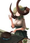  159cm 1girl animal_ears blush breasts closed_mouth cracked_egg egg frying_pan gran-chan_(159cm) green_hair green_neckwear green_ribbon green_skirt hand_up headset high-waist_skirt holding holding_egg holding_frying_pan horn_flower horns huge_horns large_breasts long_hair neck_ribbon one_eye_covered original ribbon salad shirt simple_background skirt solo stove white_background white_shirt yellow_eyes 