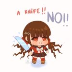  1girl bangs black_sailor_collar black_skirt blunt_bangs blush brown_hair chibi danganronpa_(series) danganronpa_v3:_killing_harmony english_text frown full_body hair_ornament hairclip harukawa_maki holding holding_knife holding_weapon knife long_sleeves looking_at_viewer low_twintails meme miniskirt missarilicious mole mole_under_eye pleated_skirt pout red_eyes red_legwear red_scrunchie red_shirt sailor_collar school_uniform scrunchie shirt skirt solo symbol_commentary thighhighs twintails weapon zettai_ryouiki 