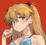  bikini bikini_top blue_eyes close-up commentary_request eating eyebrows_visible_through_hair food food_on_face holding holding_food interface_headset looking_at_viewer medium_hair neon_genesis_evangelion nonco orange_hair portrait red_background sandwich souryuu_asuka_langley swimsuit 