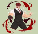  1boy absurdres bara biceps black_pants black_vest blood bulge cross fangs fighting_stance formal glasses highres jonpeito kekkai_sensen klaus_von_reinhertz large_pectorals looking_to_the_side male_focus mature_male muscular muscular_male mutton_chops pants red_hair shirt short_hair solo thick_thighs thighs torn_clothes torn_shirt vest white_shirt 