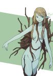  1girl akira_(meltyhip) arms_at_sides blonde_hair blue_skin breasts colored_skin completely_nude cowboy_shot green_eyes grin hair_over_breasts highres looking_at_viewer medium_breasts monster_girl navel nude original plant_girl pointy_ears signature smile solo standing 