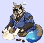  ... 2021 anthro brown_body brown_fur canid canine clothed clothing fur live-a-hero male mammal overweight overweight_anthro overweight_male raccoon_dog shoen simple_background solo tanuki tanukikikis video_games 