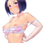  1girl arms_behind_back bare_shoulders blush bra breasts elbow_gloves gloves lingerie looking_at_viewer medium_breasts navel nipples purple_eyes purple_hair sairenji_haruna shiny shiny_hair short_hair simple_background solo to_love-ru underwear underwear_only upper_body wa_(genryusui) white_background white_bra white_gloves 