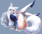  1girl :d animal_ears arm_support ass banned_artist blue_eyes blue_skirt breasts center_frills claw_pose eyebrows_visible_through_hair fangs frills full_body grey_background hair_between_eyes highres huge_breasts indie_virtual_youtuber junkpuyo long_sleeves looking_at_viewer lumi_(merryweather) messy_hair open_mouth simple_background sitting skirt smile solo tail thighhighs virtual_youtuber white_hair white_legwear wolf_ears wolf_girl wolf_tail 