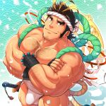  1boy abs alternate_costume bara bare_pecs beard black_hair blonde_hair brown_hair bulge chest_hair cowboy_shot crossed_arms facial_hair foreshortening from_above green_eyes hachimaki hairy headband highres katana large_pectorals loincloth long_sideburns looking_at_viewer male_focus mature_male multicolored_hair muscular muscular_male nipples short_hair sideburns smile solo stomach streaked_hair stubble sword thick_eyebrows thick_thighs thighs tokyo_houkago_summoners tptptpn weapon white_male_underwear yamasachihiko_(tokyo_houkago_summoners) 