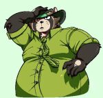  2021 anthro belly brown_body brown_fur canid canine clothing fur hat headgear headwear humanoid_hands live-a-hero low_res male mammal necktie overweight overweight_anthro overweight_male raccoon_dog shirt shoen solo tanuki tanukikikis topwear video_games 