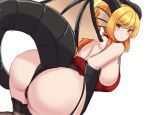  1girl ass black_gloves black_panties blonde_hair breasts commission doodle dragon_girl dragon_tail dragon_wings elbow_gloves eyebrows_visible_through_hair gloves gradient_hair head_fins highres huge_ass kanta_(kanta_077) large_breasts looking_back multicolored_hair orange_hair original panties second-party_source simple_background slit_pupils solo tail thighhighs underwear waffle_(cheapblast) white_background wings 