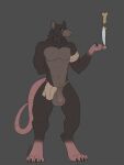  2021 abs anthro balls big_balls brown_body brown_fur claws clothed clothing colored foreskin fur genitals hi_res humanoid_genitalia humanoid_penis long_tail looking_aside male mammal melee_weapon multicolored_body murid murine muscular muscular_anthro muscular_male neck_tuft partially_clothed penis pink_nose pink_tail rat rodent short_ears signature simple_background solo standing tribal_clothing tuft uncut weapon wolfarion yellow_eyes 