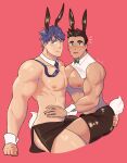  2boys alternate_costume alternate_pectoral_size animal_ears apron ass_grab bara bare_pecs black_hair blush bow bowtie bunny_ears bunny_tail cropped_legs dark_skin dark_skinned_male detached_collar fire_emblem highres ike_(fire_emblem) interracial jonpeito large_pectorals little_mac looking_at_viewer male_focus manboobs multiple_boys muscular muscular_male necktie nipples pectoral_docking pectoral_press punch-out!! rabbit_boy revealing_clothes short_hair side_slit simple_background stomach super_smash_bros. sweat tail thick_thighs thighs waist_apron wrist_cuffs yaoi 