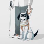  1boy :3 animal_focus avogado6 cane commentary dog english_commentary grey_pants guide_dog holding holding_cane holding_leash leash original pants robot robot_dog shirt walking_stick white_shirt 