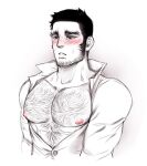  1boy abs bara bare_pecs beard black_hair buzz_cut chest_hair cropped_torso facial_hair golden_kamuy hairy korajo long_sideburns male_focus mature_male muscular muscular_male nipples open_clothes open_shirt pectorals short_hair solo spot_color stubble tanigaki_genjirou thick_eyebrows toned toned_male very_short_hair 