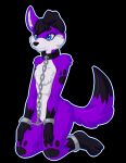  anthro belly black_hair black_paws blue_eyes canid canine canis chain chained collar cuffs_(clothing) domestic_dog elkhound floppy_ears fur hair hi_res kneeling lady-darkstreak male mammal pawalo pawprint_marking purple_body purple_fur solo spitz white_belly 