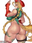  3:4 alternate_species anthro armwear big_butt blonde_hair blue_eyes butt cammy_white canid canine capcom clothed clothing female furrification girlsay hair hi_res leotard looking_back mammal simple_background solo street_fighter tattoo text url video_games 