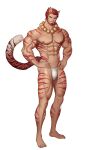  1boy abs absurdres animal_ears bara bead_necklace beads beard bulge commission facial_hair full_body fundoshi hands_on_hips highres japanese_clothes jewelry large_pectorals male_focus mature_male muscular muscular_male navel necklace nipples orange_hair original short_hair smile solo stomach tail thick_thighs thighs tiger_boy tiger_ears tiger_stripes tiger_tail underwear underwear_only white_male_underwear won_(won_uom) 