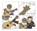 ! 2021 absurd_res anthro clothed clothing comic dialogue digital_drawing_(artwork) digital_media_(artwork) duo english_text eyes_closed felix_(nik159) guitar hi_res lutrine male mammal membrane_(anatomy) musical_instrument musical_note mustelid narrowed_eyes nik159 nik_(nik159) open_mouth open_smile playing_guitar playing_music plucked_string_instrument procyonid raccoon romantic_couple shirt sitting smile string_instrument t-shirt text thought_bubble tongue tongue_out topwear url webbed_hands 