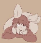  anthro beanie big_ears bored bored_expression bottomless buckteeth butt clothed clothing crossed_legs eye_contact fluffy fluffy_tail girly hand_on_head hat headgear headwear hoodie humanoid jacket lagomorph leporid looking_at_another lying male mammal rabbit sacredoyster teeth thick_thighs topwear 