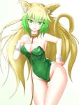  1girl alternate_costume animal_ears atalanta_(fate) bare_legs blonde_hair breasts cat_ears cat_tail cleavage collar covered_nipples fate/grand_order fate_(series) green_eyes green_hair green_leotard groin hand_on_own_chest leaning_forward leotard long_hair looking_at_viewer medium_breasts multicolored_hair nijimofu solo tail white_background wrist_cuffs 