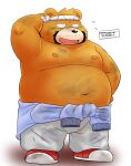  2021 anthro belly bottomwear brown_body brown_fur clothing eyes_closed fur kemono male mammal moobs navel nipples overweight overweight_anthro overweight_male pants simple_background solo toshi_(artist) ursid white_background 
