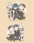 2boys 2girls arm_hug bisexual_(female) bisexual_(male) blonde_hair blush brother_and_sister byleth_(fire_emblem) byleth_(fire_emblem)_(female) byleth_(fire_emblem)_(male) chibi dress fire_emblem fire_emblem:_three_houses flying_sweatdrops full_body giimbap green_hair hat hetero highres jeritza_von_hrym mercedes_von_martritz multiple_boys multiple_girls no_pupils ponytail pout siblings simple_background tan_background yaoi yuri 