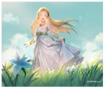  1girl anniversary artist_name azutarou bangle bangs blonde_hair blue_flower blue_sky blurry blurry_foreground blush bracelet breasts closed_eyes cloud cloudy_sky commentary cowboy_shot day dress english_text flower gold grass jewelry long_hair looking_at_viewer necklace open_mouth outdoors parted_bangs pointy_ears princess_zelda silent_princess skirt_hold sky small_breasts smile solo standing straight_hair strapless strapless_dress sunlight the_legend_of_zelda the_legend_of_zelda:_breath_of_the_wild thick_eyebrows twitter_username white_dress wind 