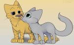 all_fours ambiguous_gender bristlefrost_(warriors) domestic_cat duo eye_contact felid feline felis feral firestar_(warriors) foxball happy looking_at_another lying mammal on_side smile standing warriors_(cats) 