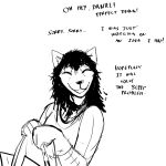  1:1 anthro black_and_white canid canine canis carol_(hladilnik) clothing comic costume domestic_dog english_text eyes_closed female ghost hair hi_res hladilnik mammal messy_hair monochrome smile solo spirit text 