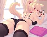  1girl abs animal_ear_fluff animal_ears arms_up ass bangs bare_arms bare_shoulders bed black_legwear black_panties blonde_hair blush bow bra breasts cat_ears cat_girl cat_tail closed_mouth collar eyebrows_visible_through_hair from_behind hair_bow hair_tie highres indoors large_breasts long_hair looking_at_viewer looking_back lying navel nottytiffy on_stomach original panties patreon_username paw_print pillow pink_bow ponytail red_eyes sidelocks smile tablet_pc tail thighhighs thighs tiffy_(nottytiffy) underwear white_legwear 