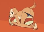  2021 aggressive_retsuko all_fours anthro ball beach_ball breast_squish breasts butt canid canine canis clothed clothing domestic_dog edtropolis feet female hi_res humanoid_feet inui_(aggressive_retsuko) looking_at_viewer looking_back looking_back_at_viewer mammal panties panties_down sanrio soles solo squish topless under_boob underwear underwear_down 