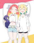  2girls :3 amano_pikamee bare_shoulders belt bird blonde_hair character_pillow closed_eyes commentary crop_top denim denim_shorts dip-dyed_hair drawstring feet_out_of_frame from_above furrowed_eyebrows grin gyari_(bird) gyari_(imagesdawn) highres hikasa_tomoshika hikasa_tomoshika_(artist) holding holding_hands holding_pillow hood hoodie light_blush light_smile long_hair lying midriff mouth_drool multiple_girls nail_polish navel off-shoulder_shirt off_shoulder on_back open_mouth peak pillow red_hair sharp_teeth shirt short_hair short_shorts shorts sleeping smile spaghetti_strap teeth virtual_youtuber voms white_hoodie white_shirt yellow_nails 