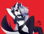  anthro black_body black_fur blitzo_(vivzmind) breasts canid canid_demon clothed clothing demon duo ear_piercing fangs female fluffy fluffy_tail fur hair hellhound helluva_boss hi_res horn imp loona_(vivzmind) male mammal open_mouth partially_clothed piercing red_sclera simple_background under_boob vexazygote white_body white_eyes white_fur 