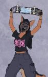  anthro backwards_baseball_cap baseball_cap black_hair blokfort bottomwear canid canine cargo_pants clothed clothing eyes_closed fangs female fox fully_clothed hair hat headgear headwear hi_res mammal open_mouth pants skateboard smile solo t--shirt tomboy 