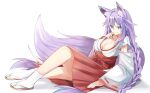  1girl alternate_costume animal_ears bimmy blue_eyes braid breasts cleavage detached_sleeves fox_ears fox_girl fox_tail from_side full_body hakama_skirt hand_on_own_cheek hand_on_own_face highres knee_up long_hair long_sleeves looking_at_viewer lying medium_breasts neptune_(series) nontraditional_miko on_back power_symbol purple_hair purple_heart red_ribbon red_skirt ribbon ribbon-trimmed_sleeves ribbon_trim sandals shirt simple_background sitting skirt smile solo symbol-shaped_pupils tail twin_braids twintails very_long_hair white_background white_shirt wide_sleeves 