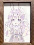  1girl :d animal_ears bangs blush bow bunny_ears chitosezaka_suzu commentary_request double_w dress eyebrows_visible_through_hair hair_between_eyes hair_bow heart highres long_hair looking_at_viewer open_mouth original photo_(medium) purple_dress purple_eyes purple_hair smile solo traditional_media translation_request twintails upper_body very_long_hair w white_bow 