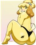  absurd_res animal_crossing anthro bell big_butt blush butt canid canine canis clothed clothing domestic_dog female happy hi_res isabelle_(animal_crossing) looking_at_viewer looking_back mammal nintendo shih_tzu simple_background smile solo toy_dog underwear video_games wide_hips yikarichi 