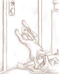 2021 4:5 after_transformation clothing dewlap_(anatomy) door doorknob female feral flinters fur hi_res lagomorph leporid mammal rabbit solo 