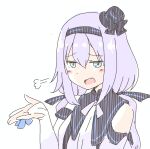  .live 1girl blue_eyes blush_stickers carro_pino detached_sleeves fang hair_between_eyes hat headband long_hair looking_at_viewer open_mouth portrait purple_hair simple_background smug solo tobi_(nekomata_homara) virtual_youtuber white_background 