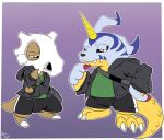  ambiguous_gender anthro brown_body clothed clothing cubone digimon digimon_(species) duo emad_the_cubone fuf gabumon gradient_background hi_res horn narrowed_eyes nintendo pok&eacute;mon pok&eacute;mon_(species) simple_background unicorn_horn video_games yellow_body 