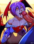  balls bat_wings capcom clothed clothed_sex clothing darkstalkers female flat_chested genitals hair hi_res human human_on_humanoid humanoid interspecies licking lilith_aensland looking_up male male/female mammal membrane_(anatomy) membranous_wings oral penile penis penis_lick ponpu purple_hair red_eyes sex succubus tongue tongue_out video_games wings wings_on_head 