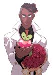  1boy applin black_shirt buttons closed_mouth coat collared_shirt commentary_request dark_skin dark_skinned_male earrings flower gen_8_pokemon highres holding jewelry korean_commentary light_blush long_sleeves male_focus necktie orange_neckwear pokemon pokemon_(creature) pokemon_(game) pokemon_swsh raihan_(pokemon) redlhzz shirt simple_background undercut white_background white_coat 