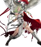  1girl animal armor bangs bird breasts cape circlet claws cleavage clenched_teeth dress fire_emblem fire_emblem_heroes full_body gauntlets green_hair highres jewelry kozaki_yuusuke long_hair looking_away medium_breasts mole mole_under_eye nott_(fire_emblem) official_art parted_bangs parted_lips polearm shoulder_armor sleeveless sleeveless_dress solo spear teeth toeless_footwear toes torn_cape torn_clothes transparent_background weapon white_dress 