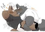  &lt;3 2021 anthro barazoku bottomwear brown_body brown_fur canid canine canis clothing domestic_dog duo exercise fur hyaku_(artist) japanese_text kemono kissing male male/male mammal shirt shorts text topwear workout 