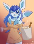  2020 anthro blouse blue_body blue_eyes blue_fur blue_hair blush clothed clothing cup cute_face eeveelution ero_roxy female fur glaceon gradient_background hair hi_res holding_object long_hair long_tail looking_at_viewer nintendo one_eye_closed pok&eacute;mon pok&eacute;mon_(species) prick_ears signature simple_background solo topwear video_games wink 